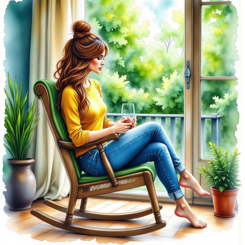 Woman in Forest Scene, Expressive Watercolor Style