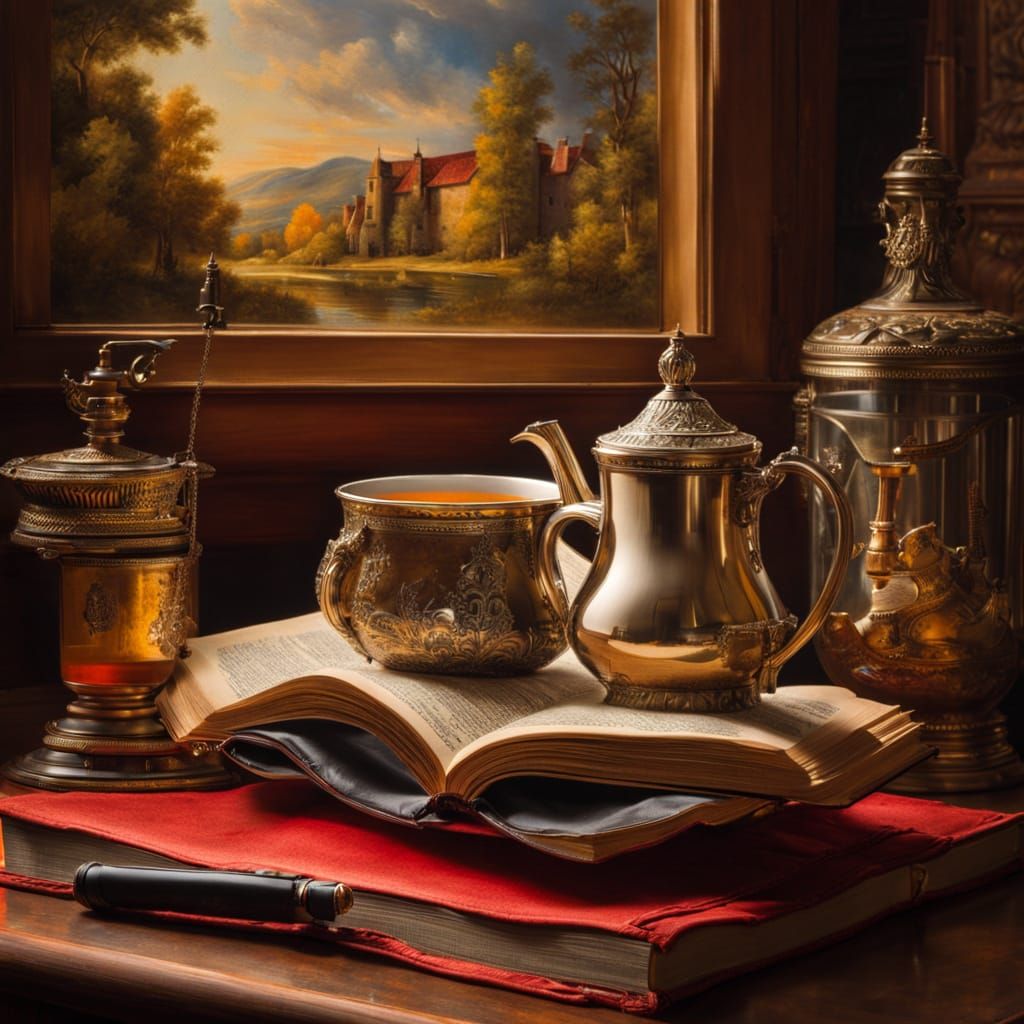 an evening cup of tea, an open book, and a cat