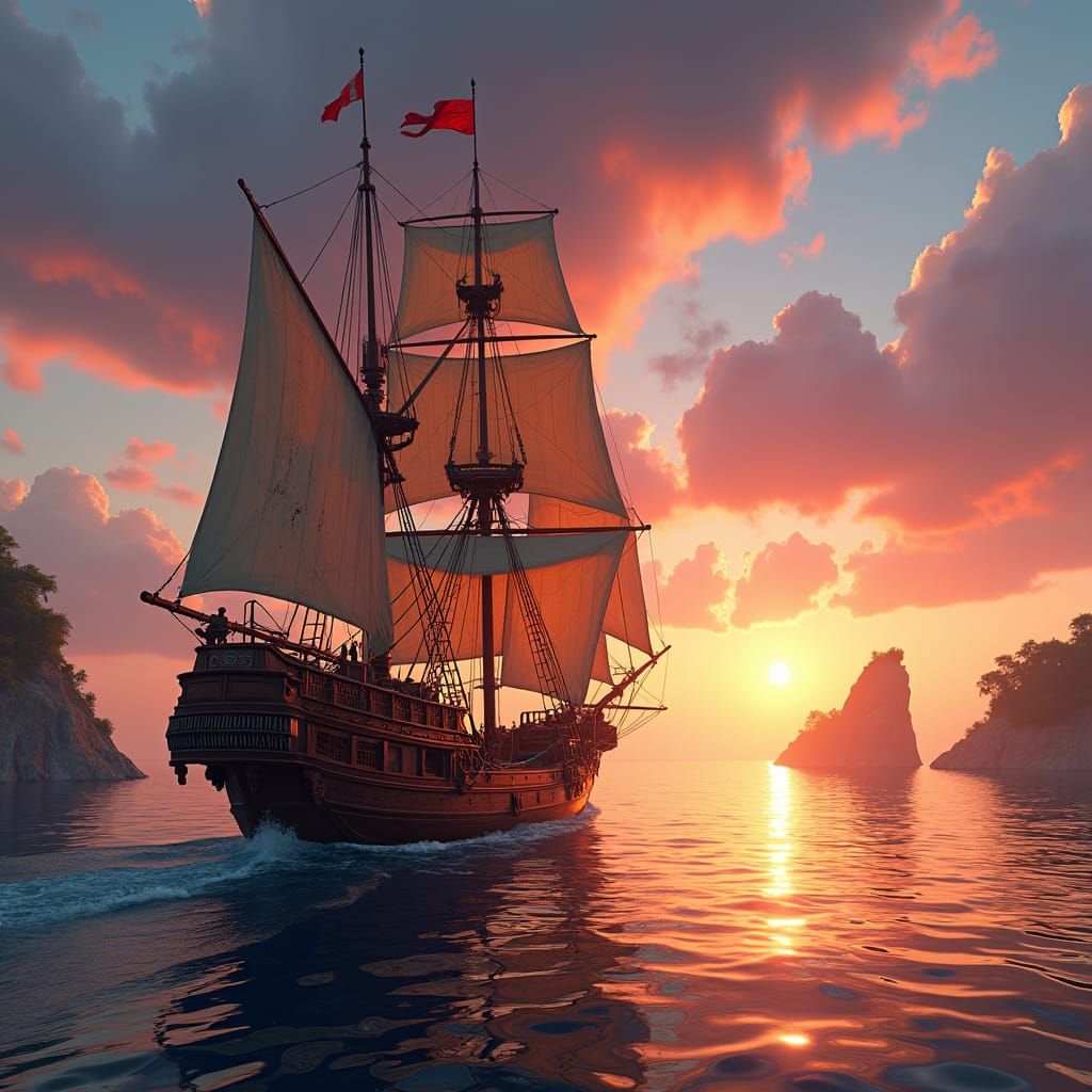 Magical Sunset Sailing Boat: Detailed Matte Painting