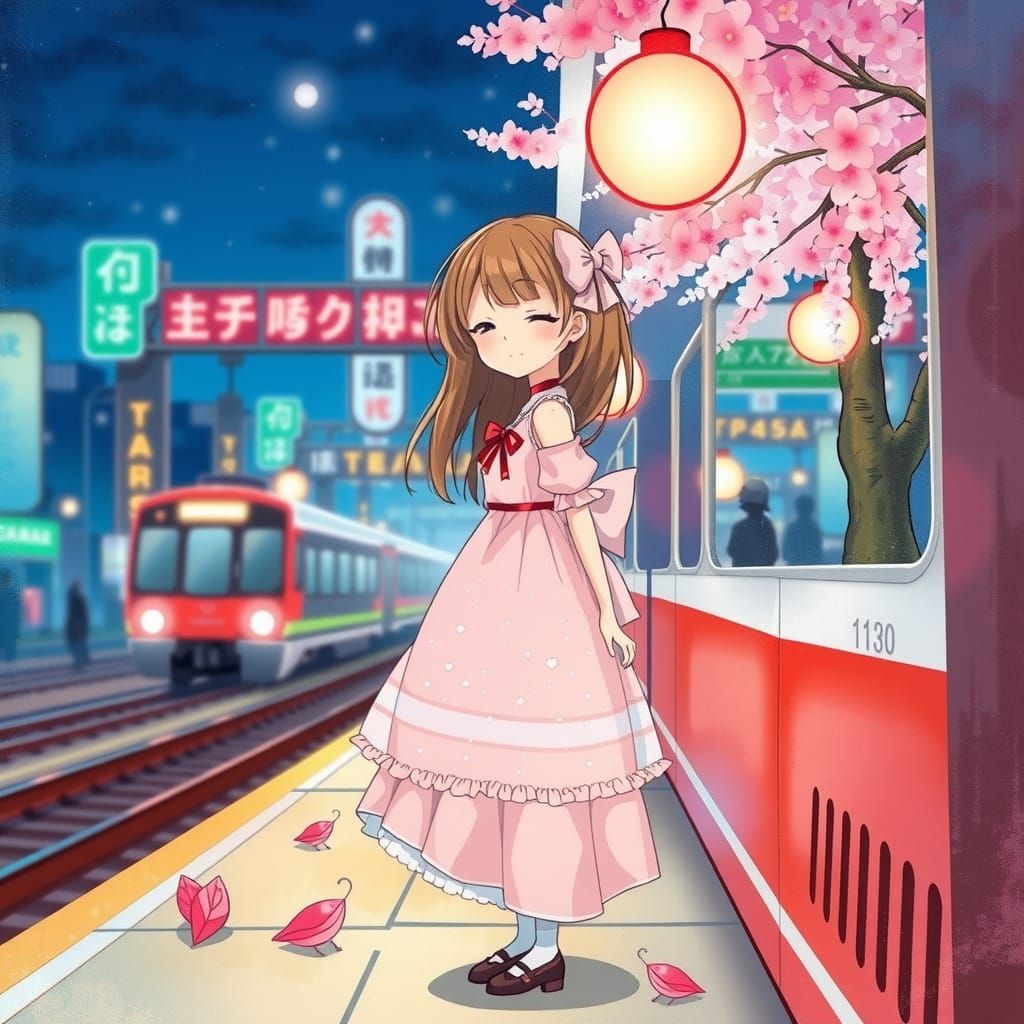 A kawaii anime girl waiting for her man to arrive on the train