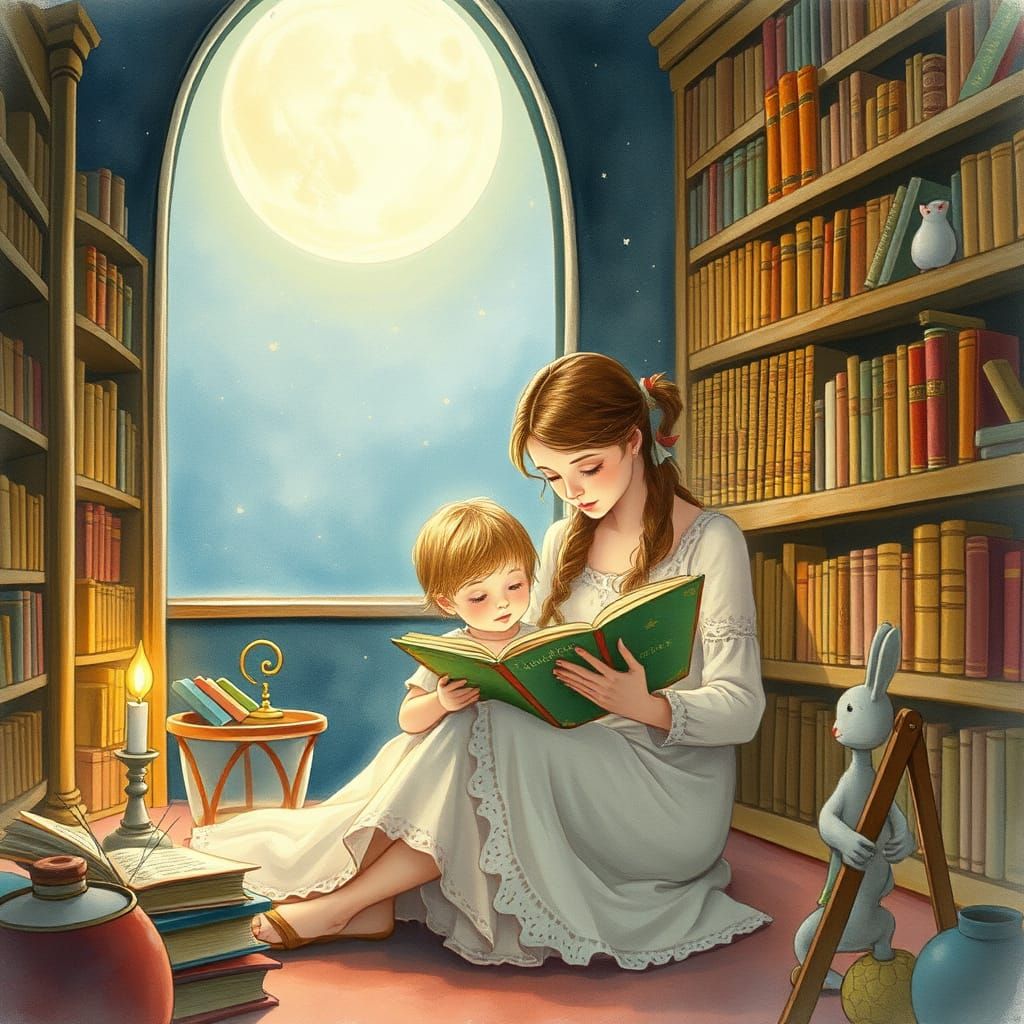 Mother and Child in Enchanted Library with Soft Lunar Lighti...