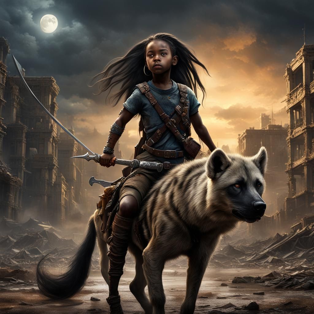 Post-Apocalyptic Barbarian Girl Riding a Hyena
