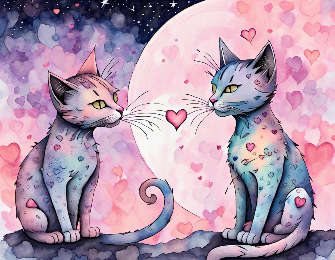 Cosmic Cats Touching Noses Under Pink Moon