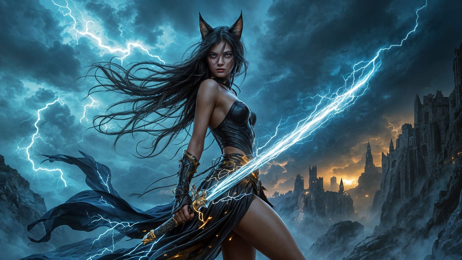 Mystical Cat Warrior Wields Lightning Sword Amidst Turbulent...