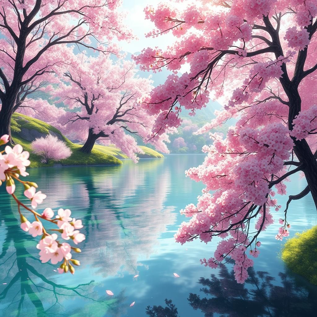 Cherry Blossom Trees Surround Serene Lake in Digital Paintin...