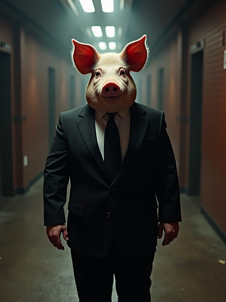 Suave Pig in Black Suit: Cinematic Film Still