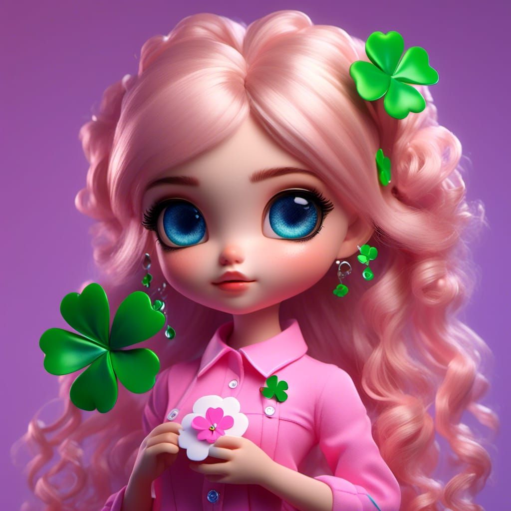 Cute Blonde Girl with Clover Plushie in Pastel Colors