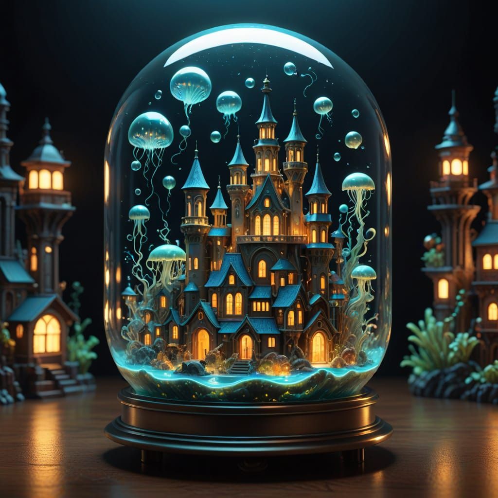 Golden City in a Bottle, 3D Surreal Art