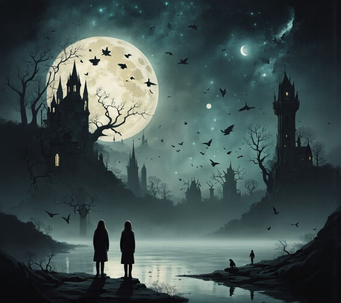 Create a surreal, dreamlike scene set during the “Night of Forgotten Dreams,” a mystical annual event when lost dreams t...