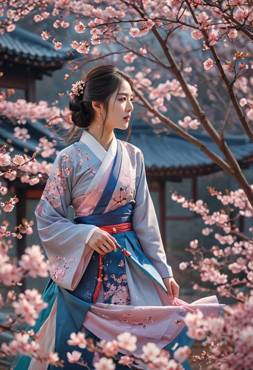 Whimsical Korean Girl in Hanbok, Surrounded by Sakura Blosso...
