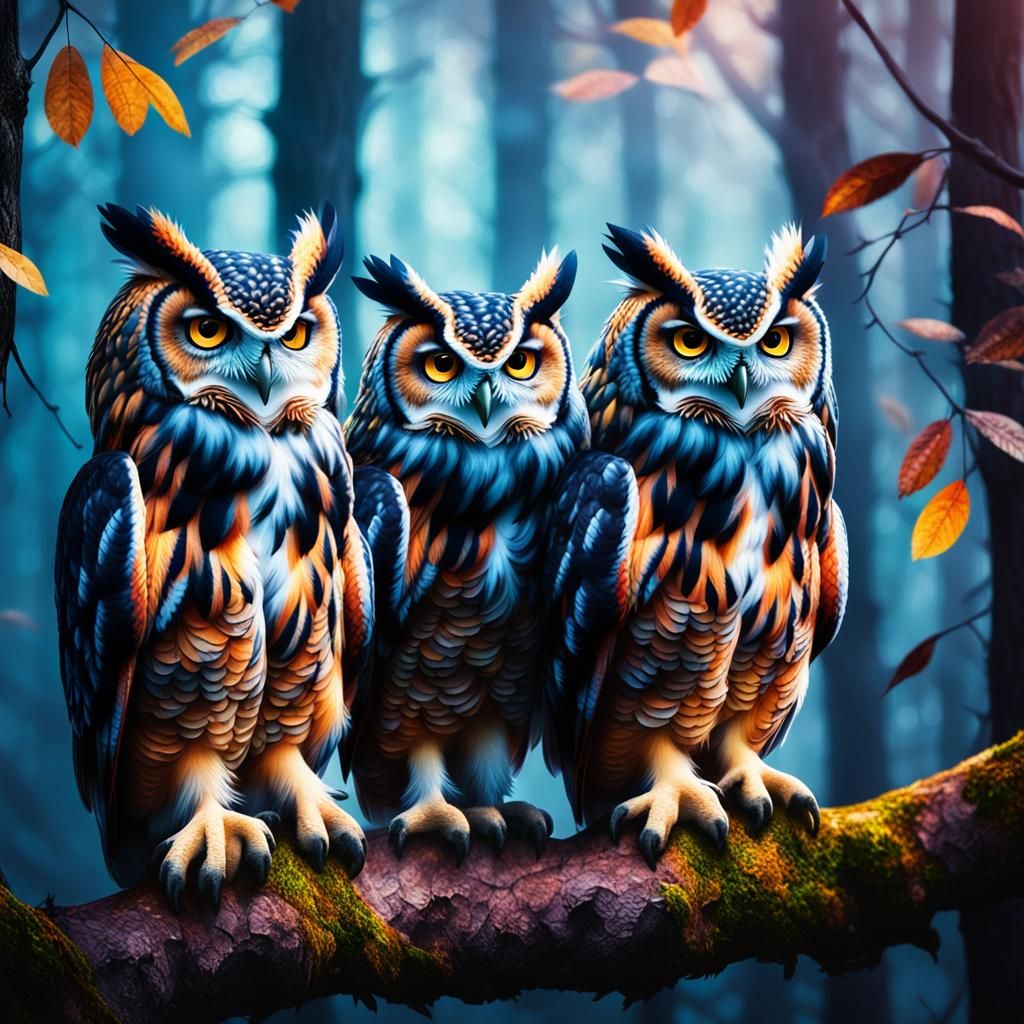 Vibrant Owls Perch in Forest Canopy