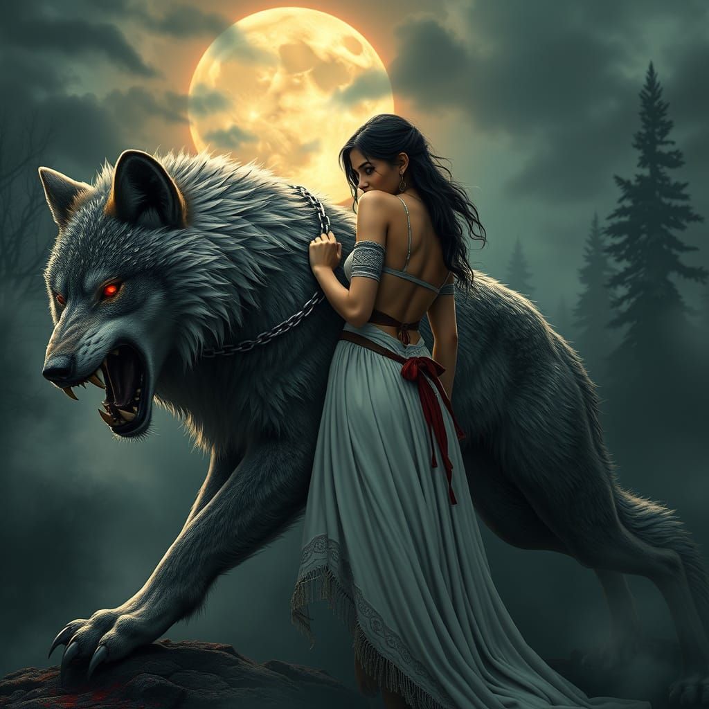 Lady with Direwolf in Eerie Forest, Photorealistic