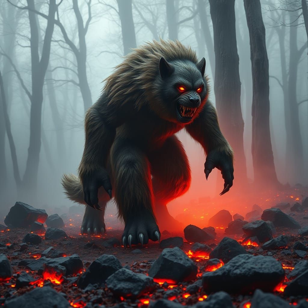 Menacing Werewolf Strides Through Scorched Misty Forest