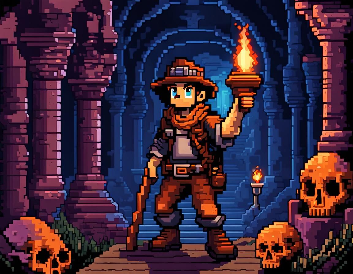 Brave Adventurer Exploring Ossuary in Pixel Art Style