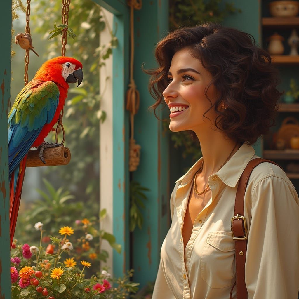 Warm Moment of a Woman and a Parrot in a Pet Store