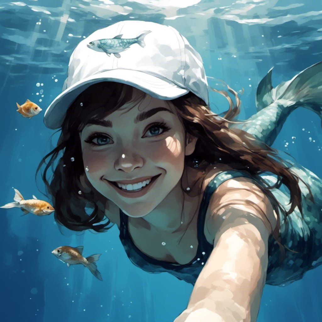 A brunette Mermaid wearing a ball cap takes a selfie!