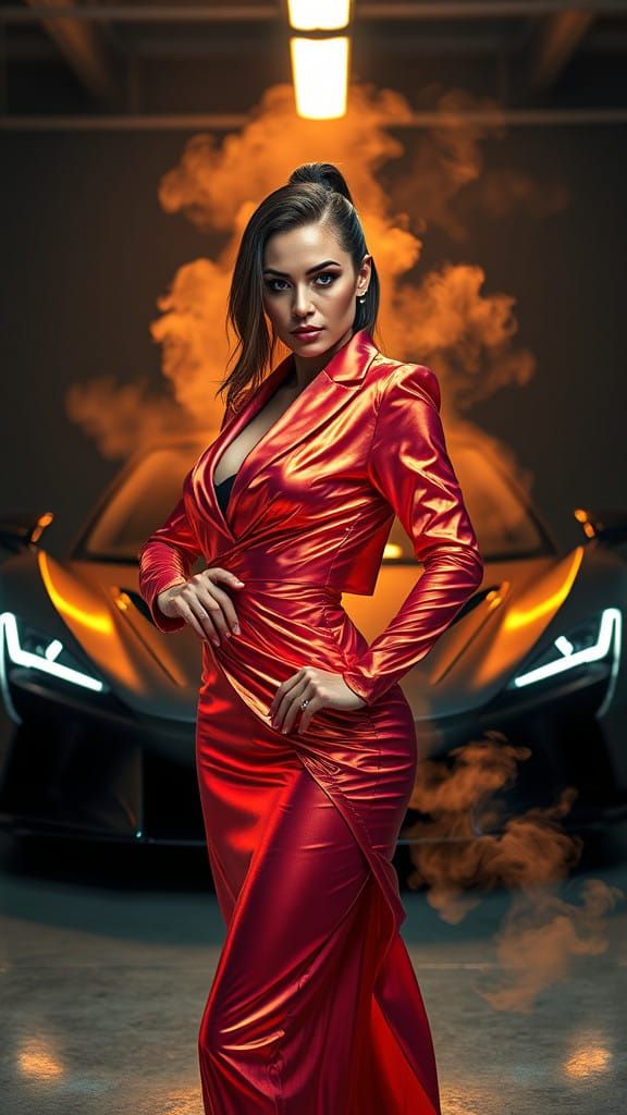 Confident Businesswoman Dominates the Garage in Neon Splendo...