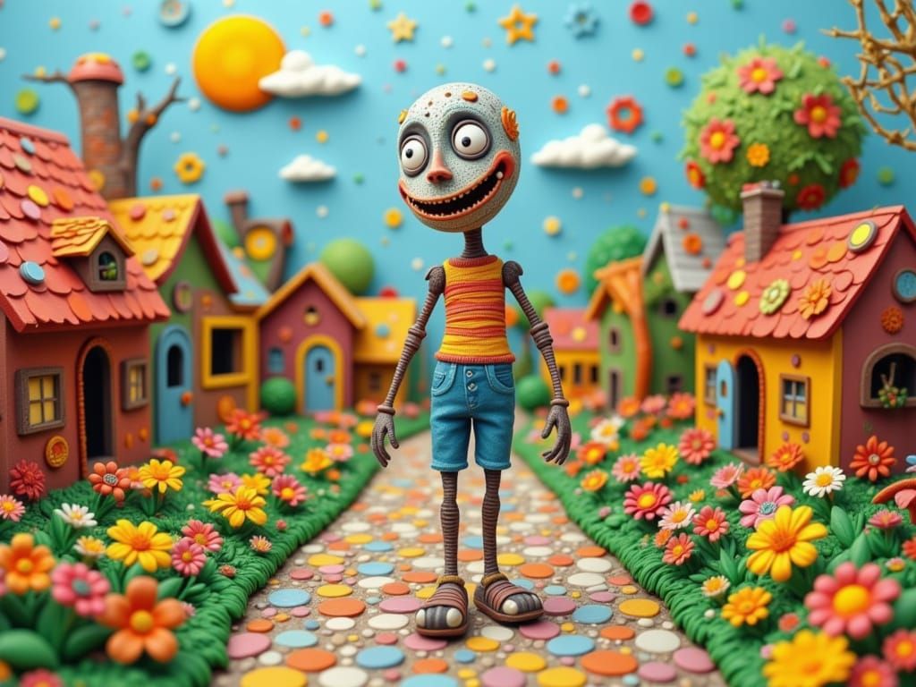 Clay Man Enters Whimsical Neighborhood in Realistic Style