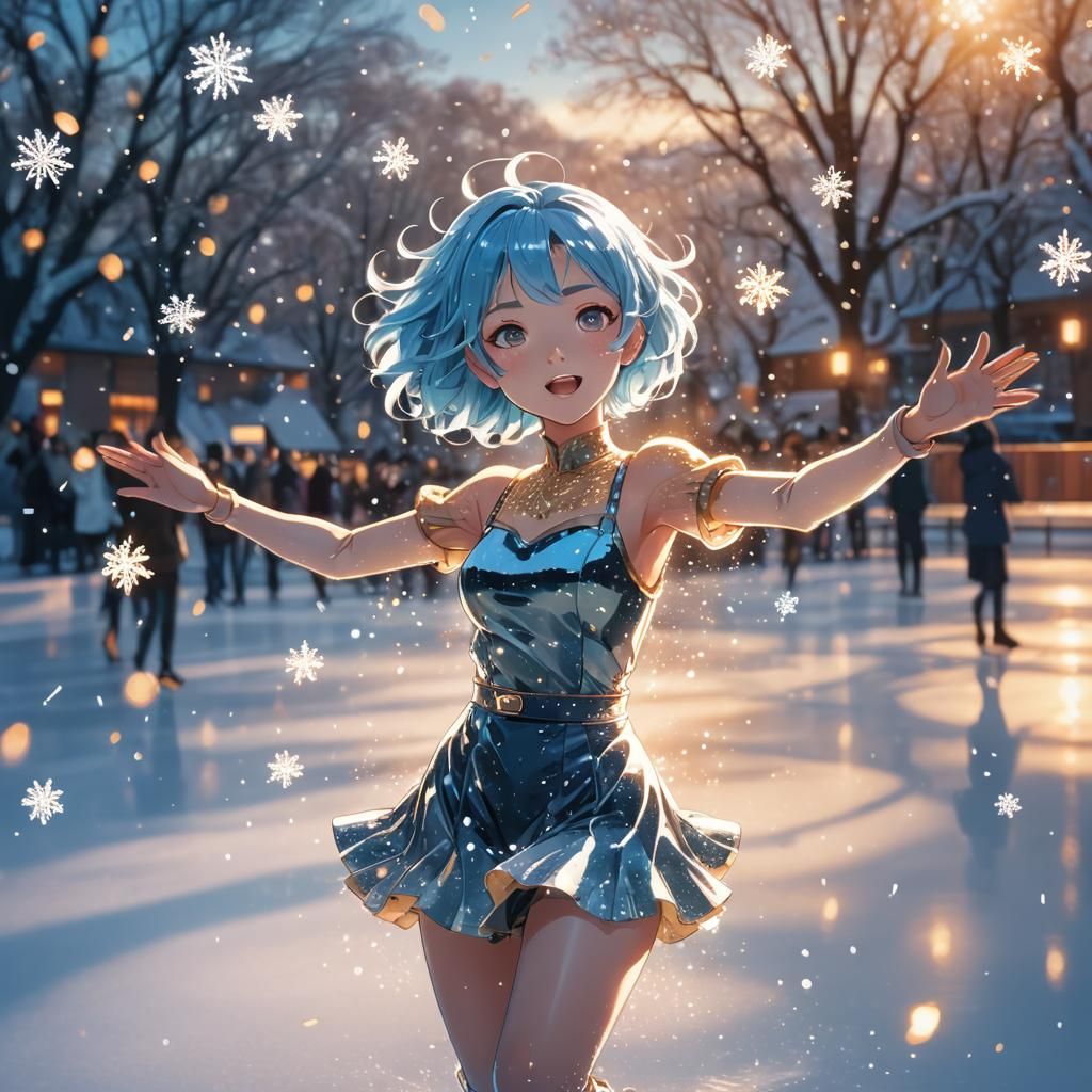 Anime Girl Dancing on Ice in Sparkling Rink