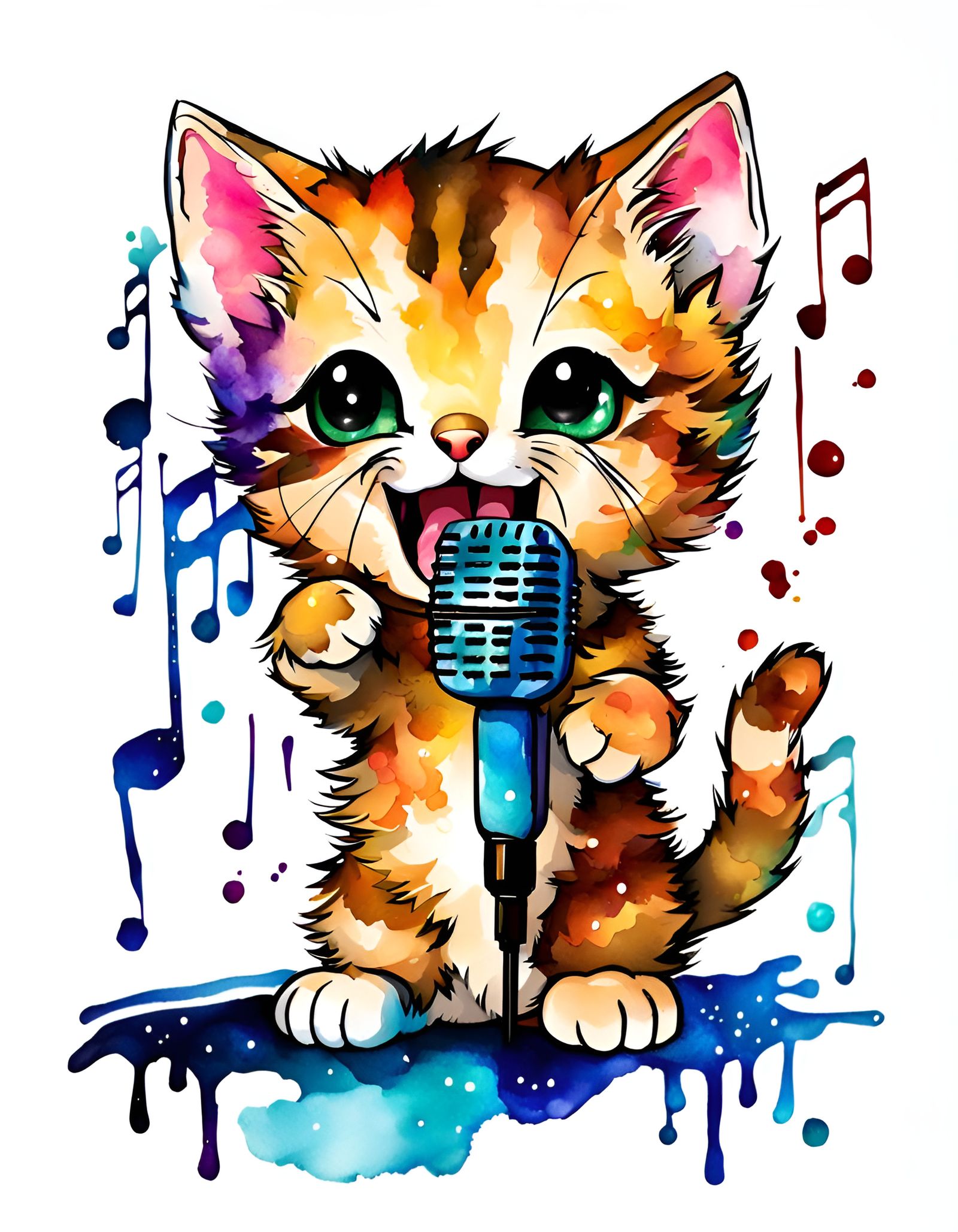 Chibi Kitten Singing: Alcohol Ink Art