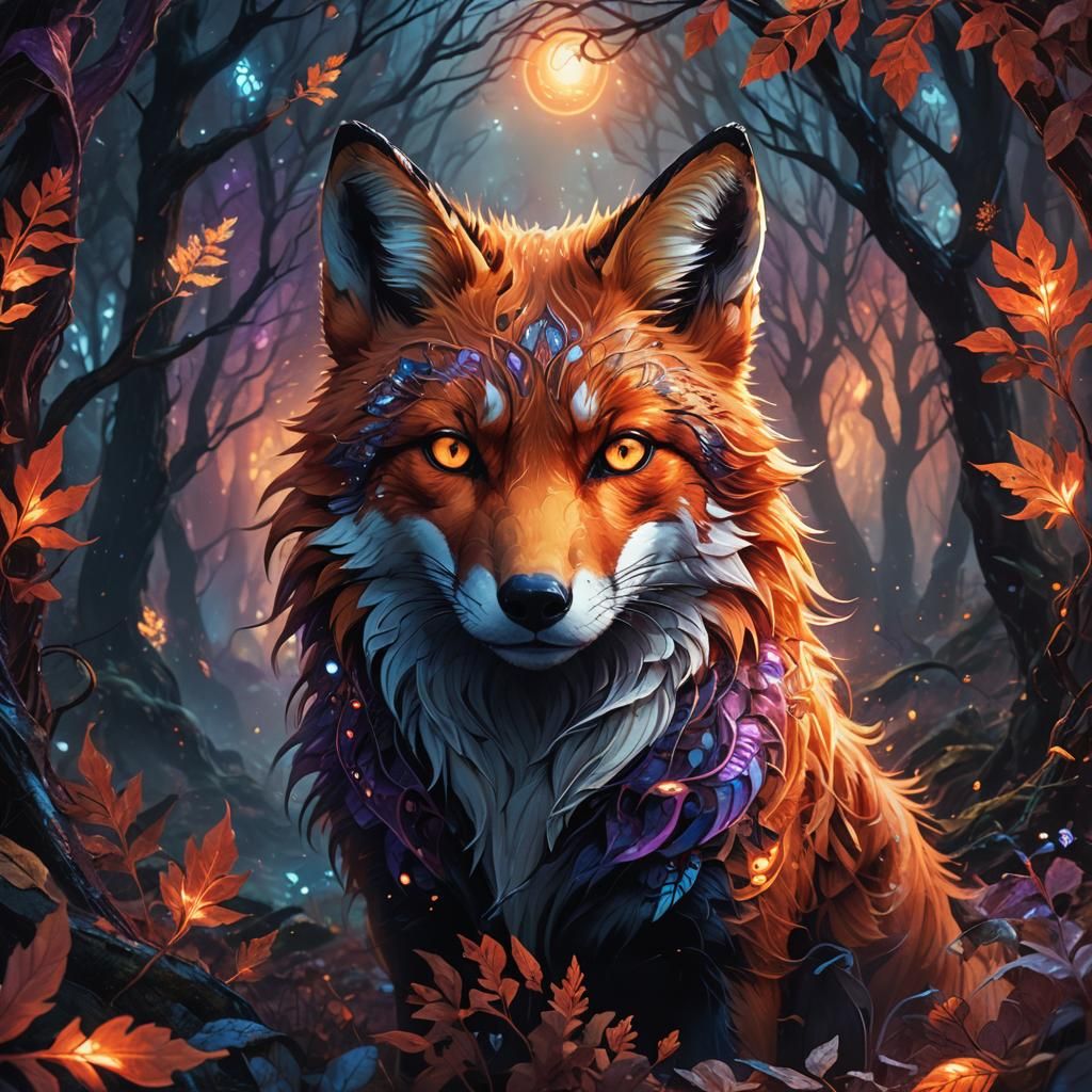 Glowing Red Fox in Mystical Forest: Fantasy Art