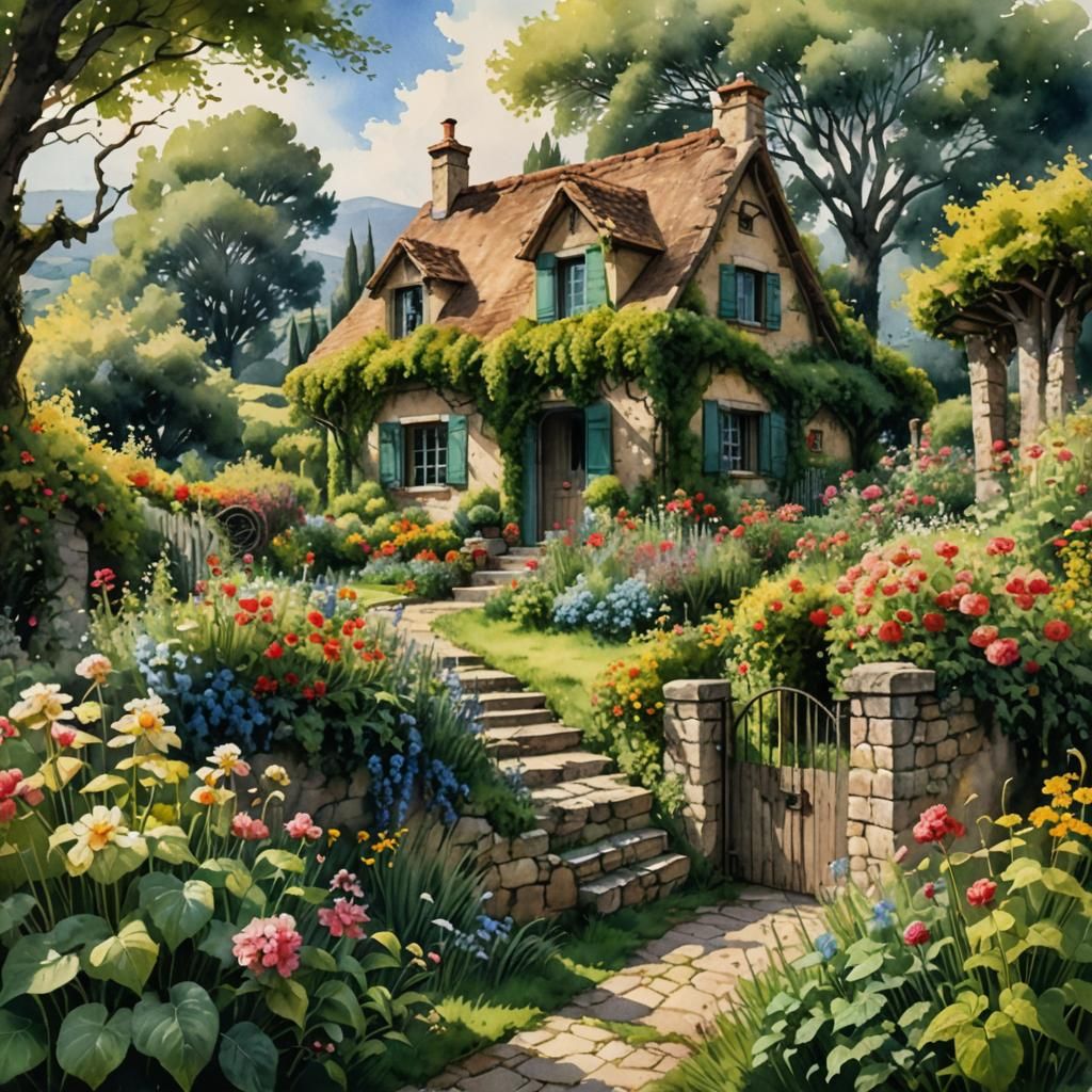 Italian Cottage Overlooking Countryside in Watercolor and In...