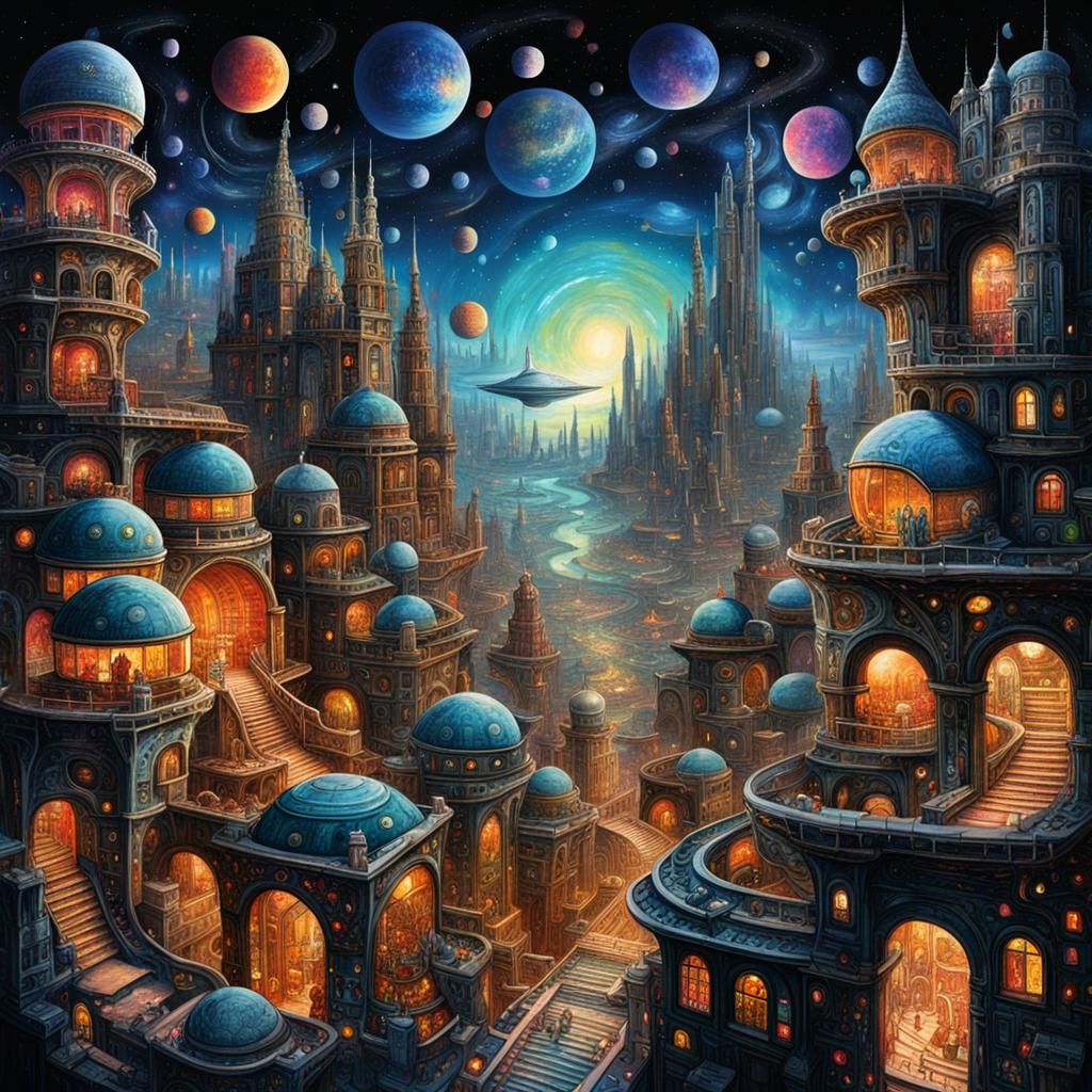 Galaxies and Teslapunk City in Dreamlike Deep Space