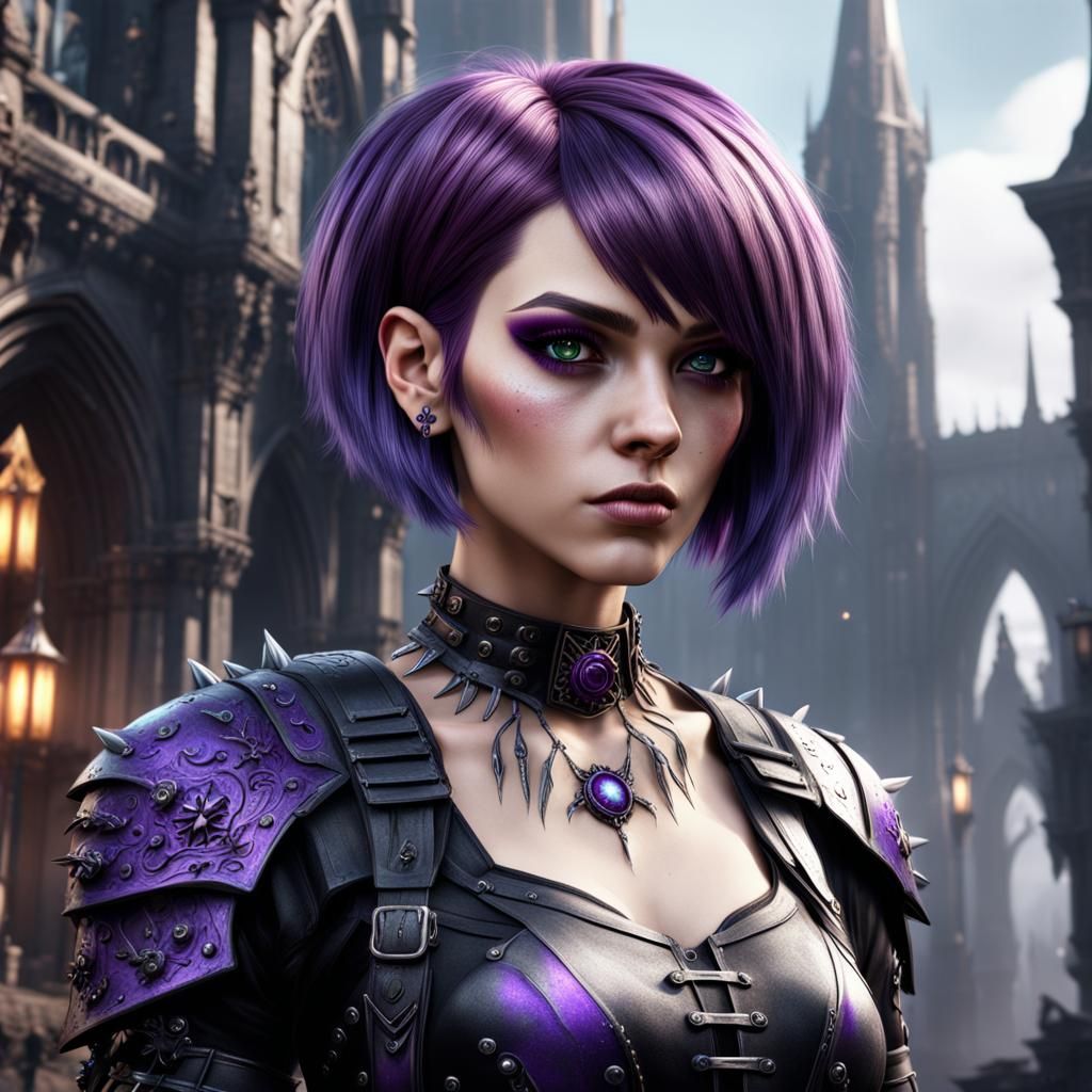 Gothic Punk Teen with Purple Hair, Detailed Digital Art