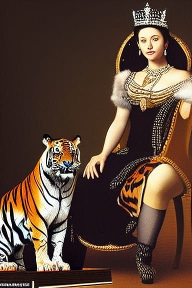 Queen on Throne with Pet Tigers