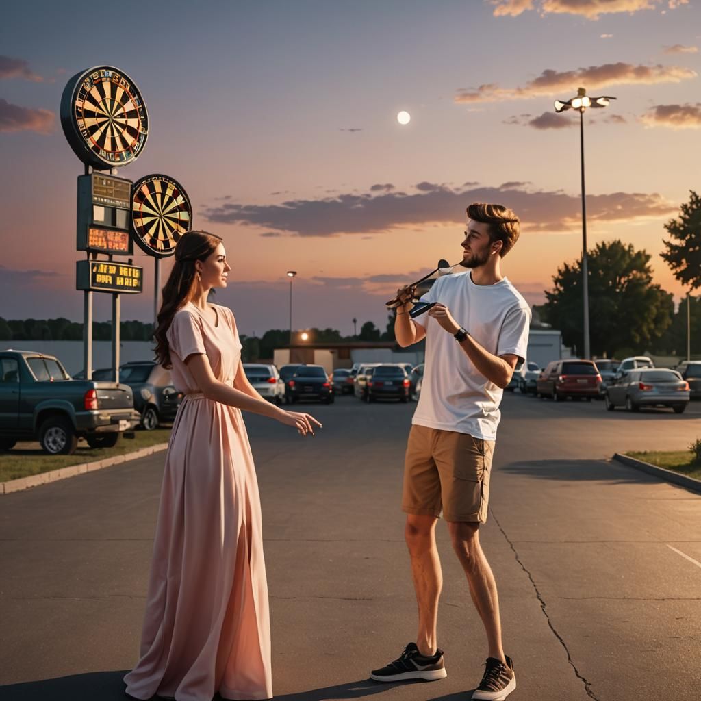 Couple Playing Darts at Drive-In: Photorealistic Sunset