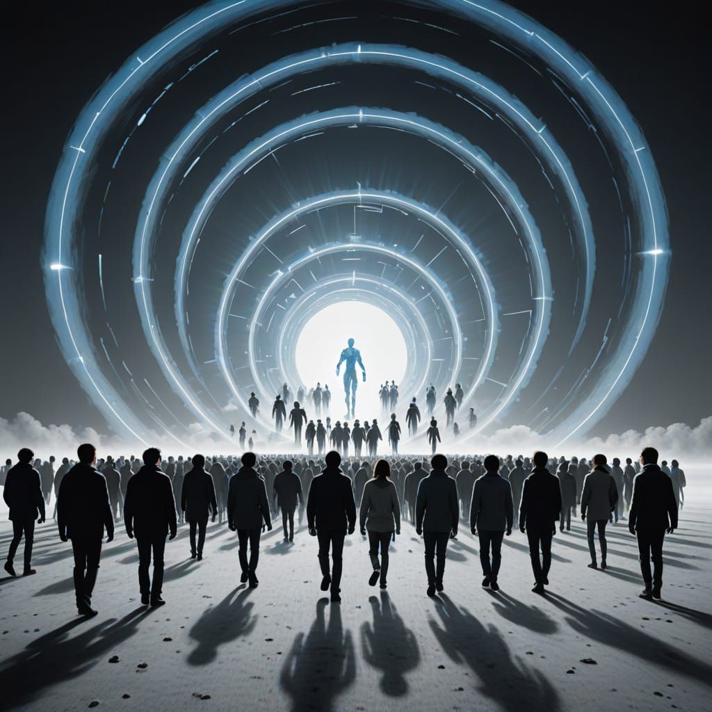 Human Figures Migrate Towards Radiant Light in Ethereal Land...