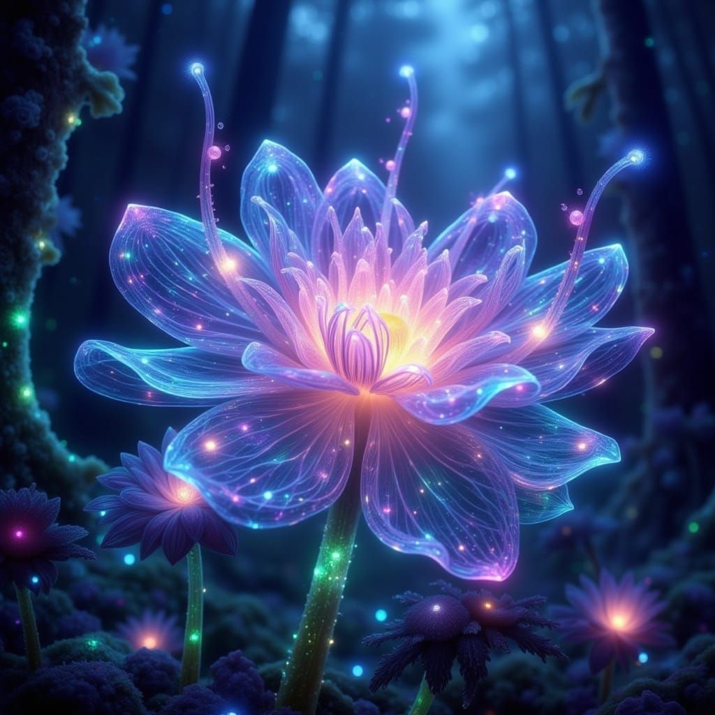 Ethereal Luminous Flower in Bioluminescent Forest