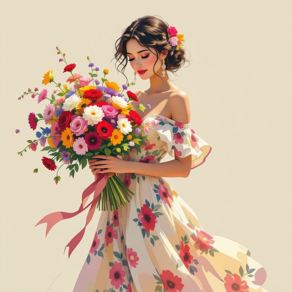 Whimsical Woman with Floral Bouquet