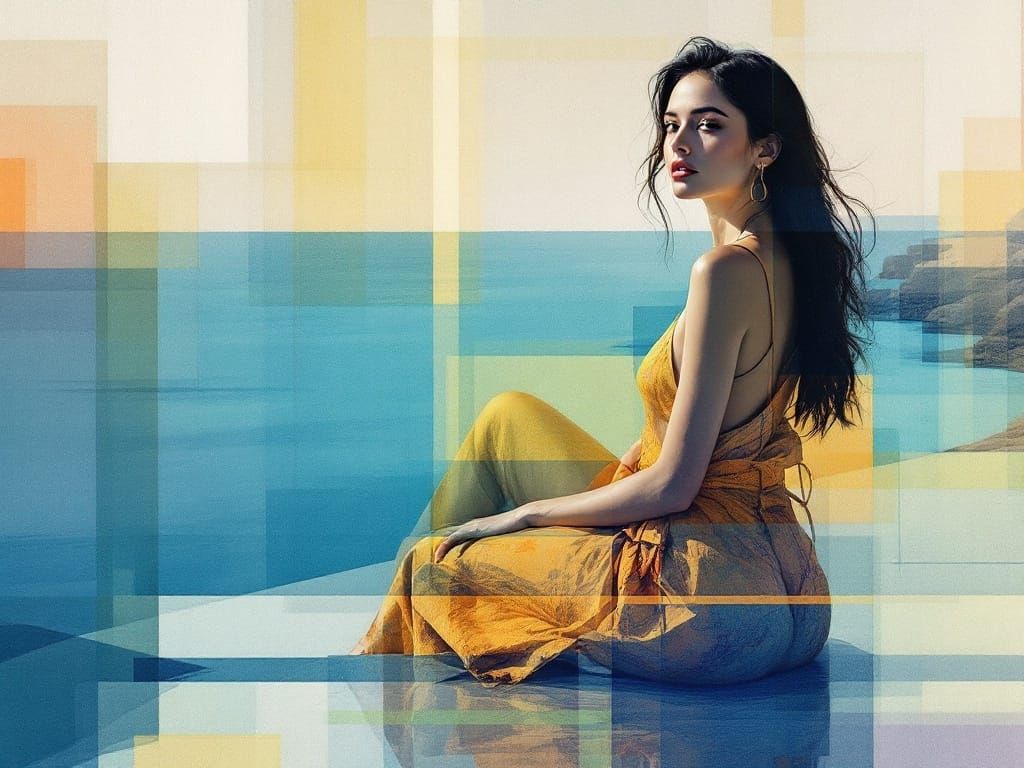 Woman in Ocean Light, Golden Dress in Soft Waves