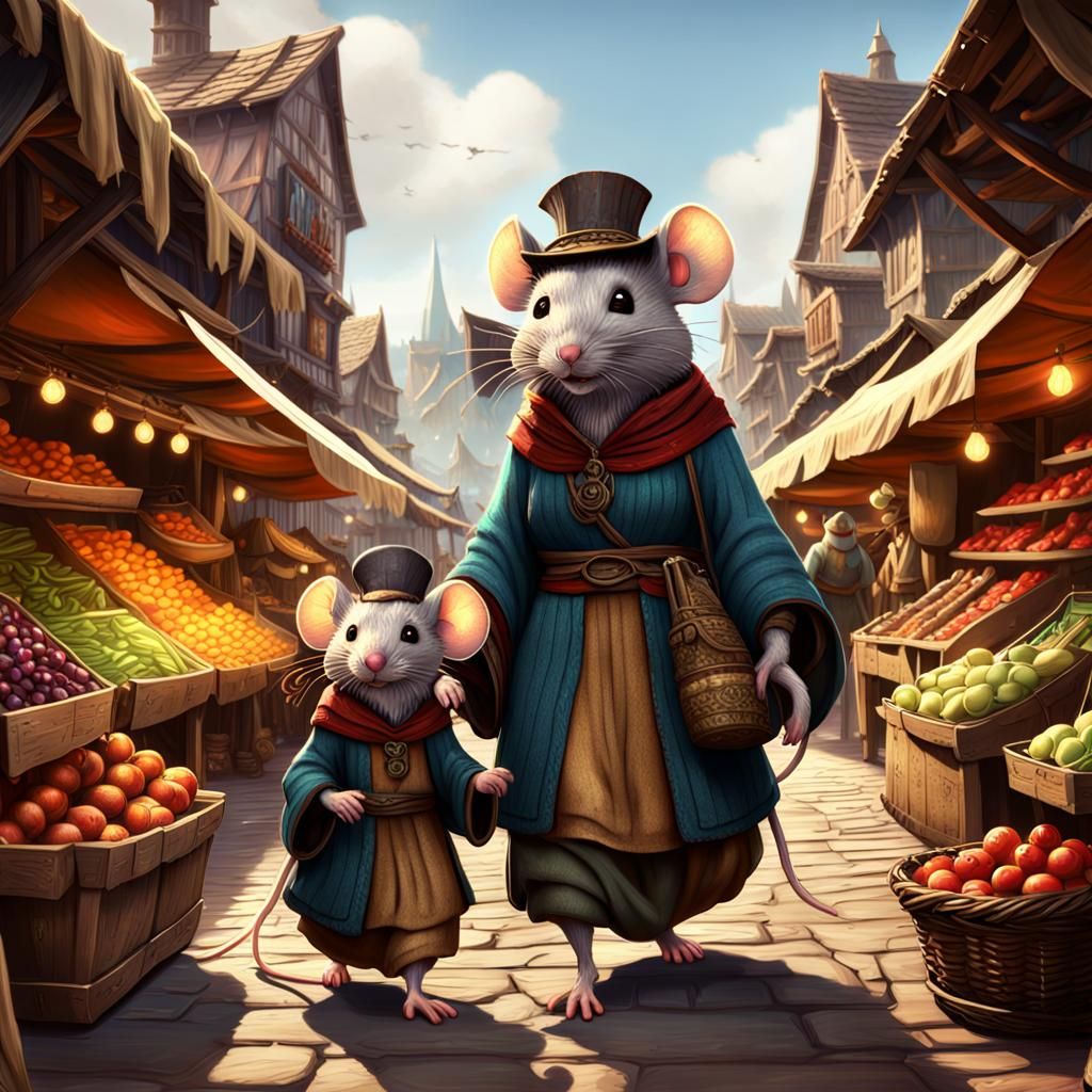 Mouse Mother and Son at Market, Fantasy Art