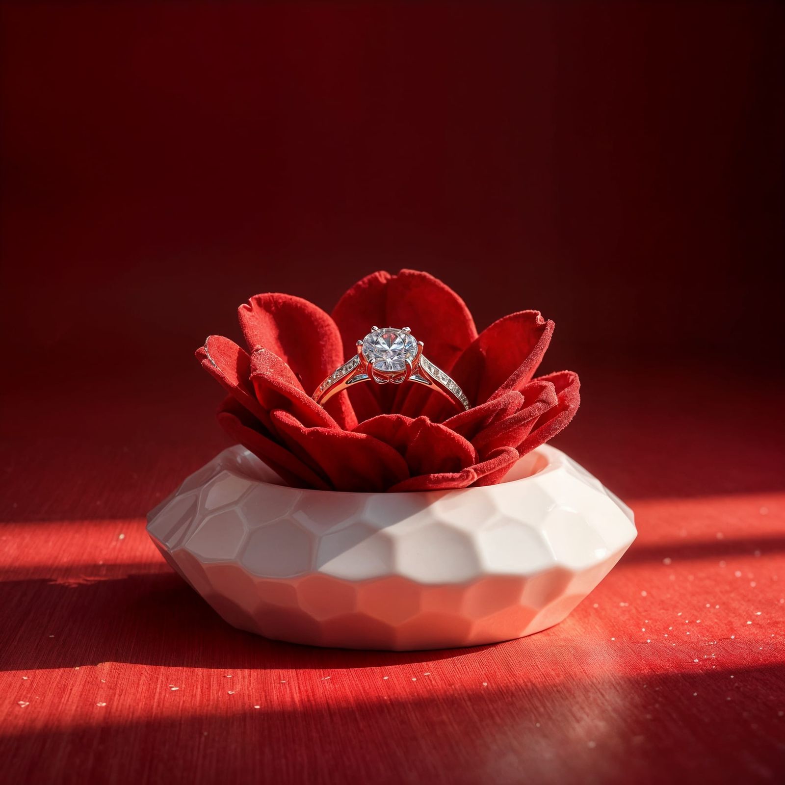 Elegant Diamond Ring Holder with Red Fabric Flower