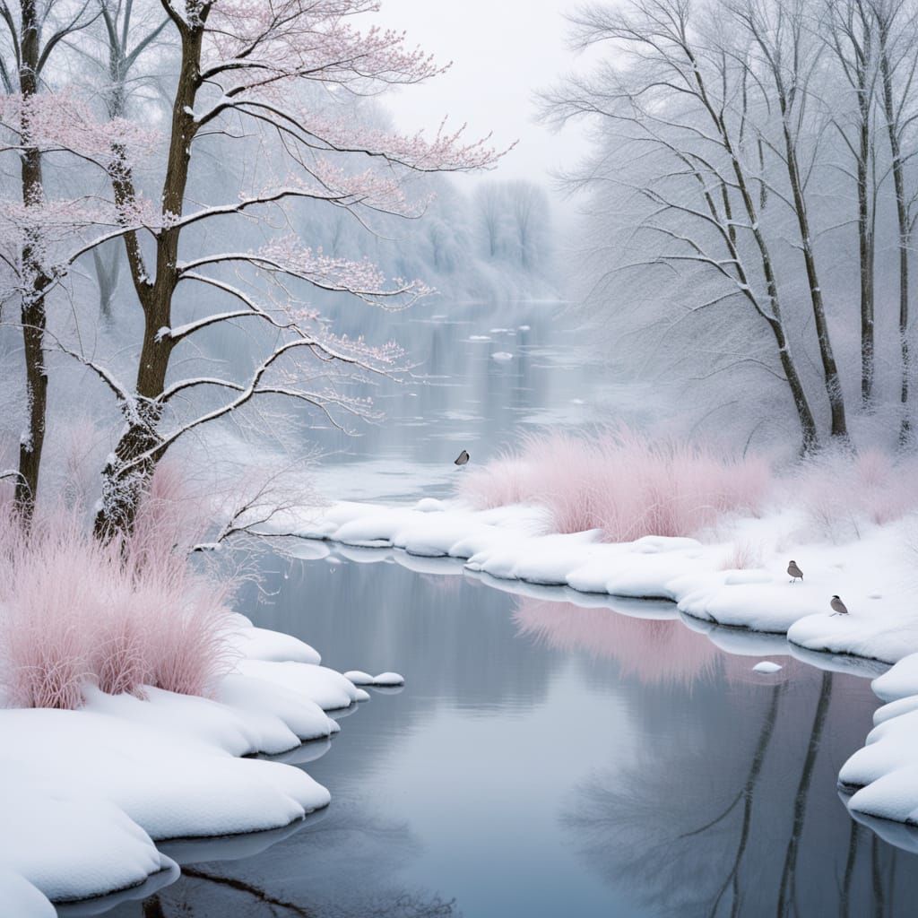 Delicate Winter Bird on Snowy Branch by Reflective Stream
