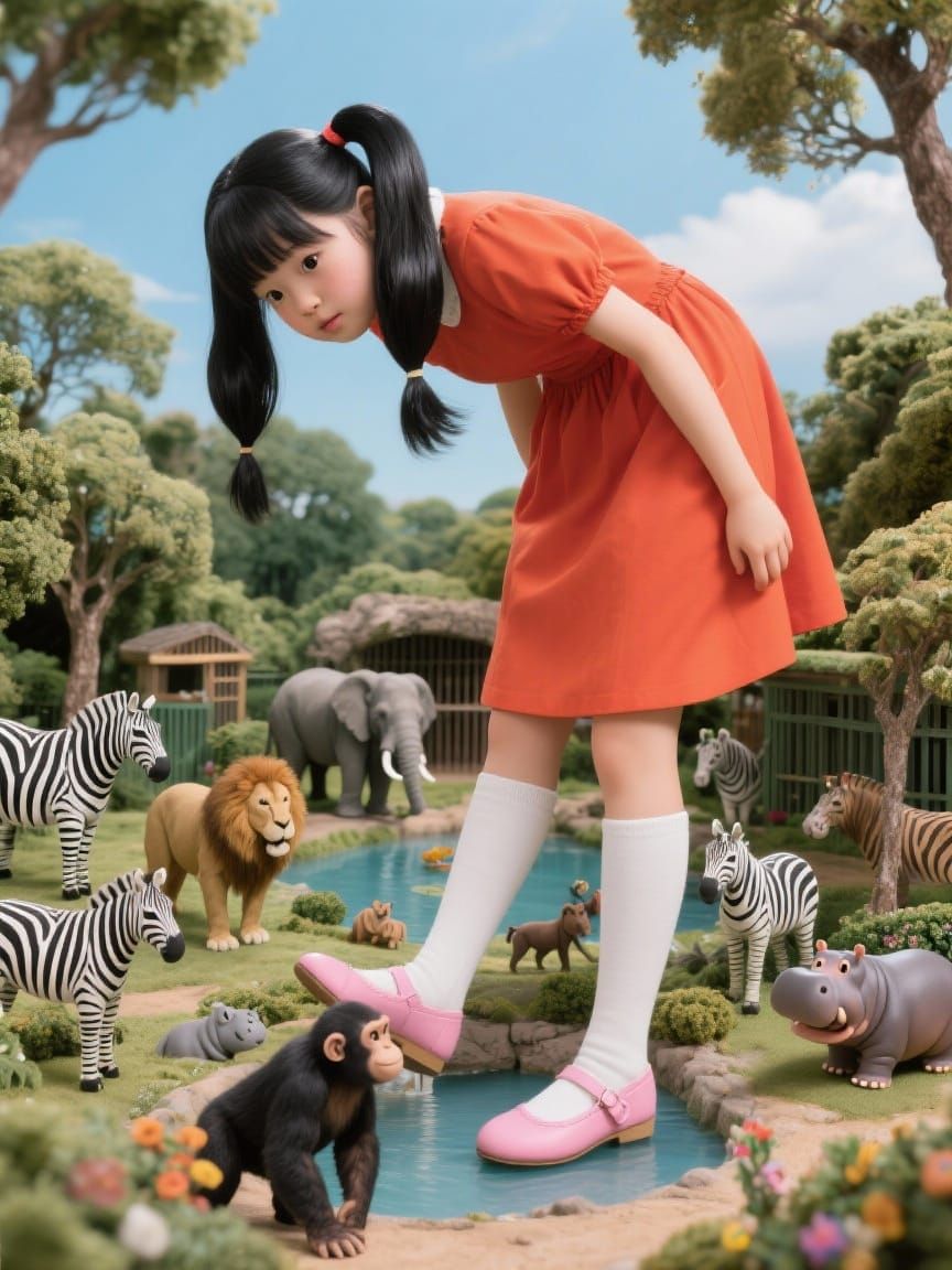 Giant Girl Enters Miniature Zoo in Tatsuya Tanaka Style
