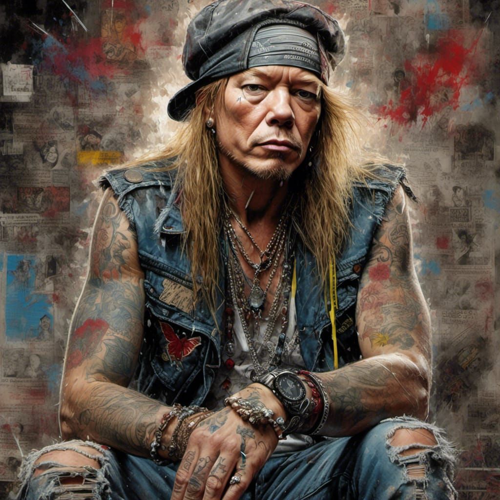 Axl Rose Portrait in Gouache Under Stormy Sky