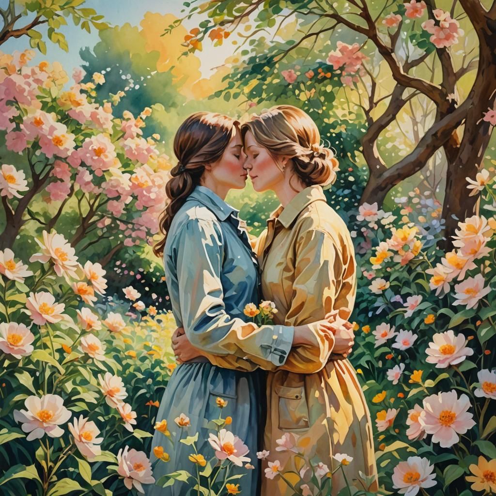 Romantic Couple in Garden, Impressionistic Gouache Painting