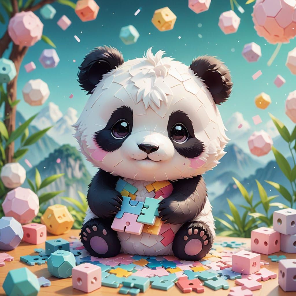 Chibi Panda Crafts Puzzle in Kawaii Digital Art