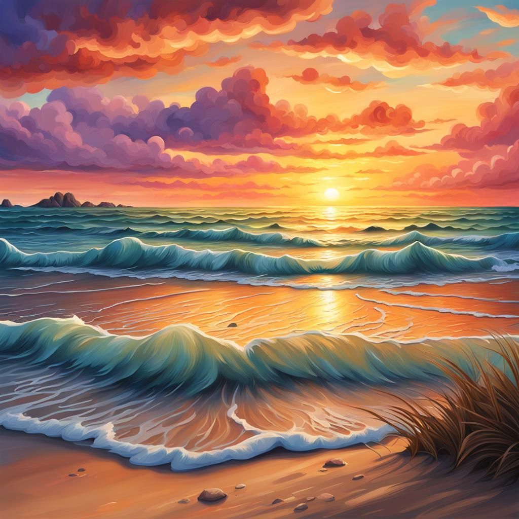 Beach Sunset: Hyperrealistic Digital Storybook Illustration