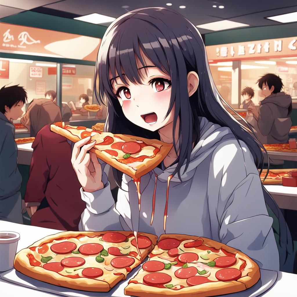 Girl Eating Pizza in Anime Style Food Court