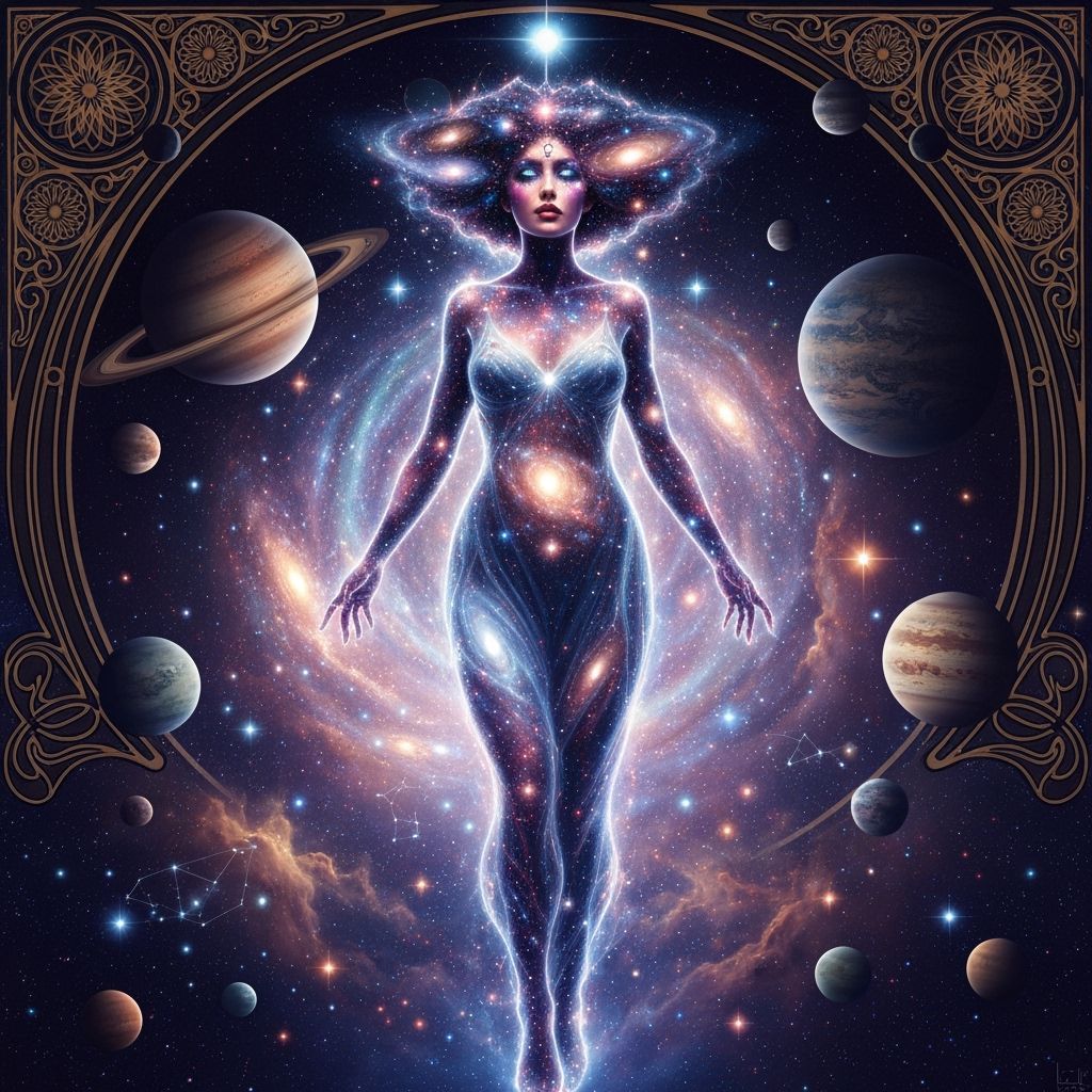 Stardust Woman Emerges from Nebula in Cosmic Surrealism