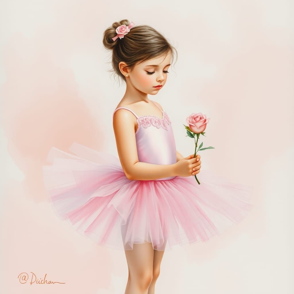 Watercolor Ballerina with Rose in Impressionistic Style