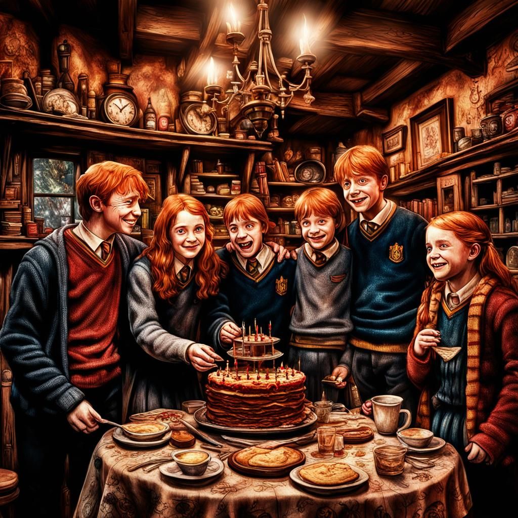 the Weasley siblings celebrating at the Burrow