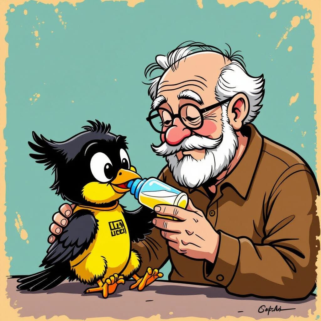 Whimsical Cartoon: Man Bottle Feeding Crow in Onesie