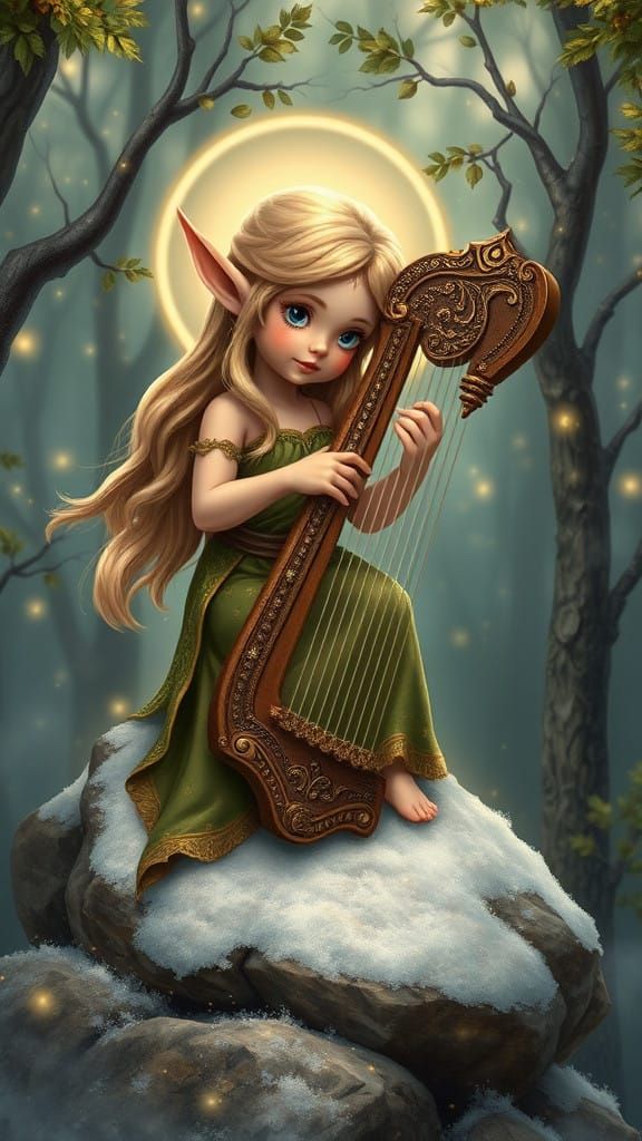 Enchanted Elf Maiden Plays Harp in Winter Wonderland