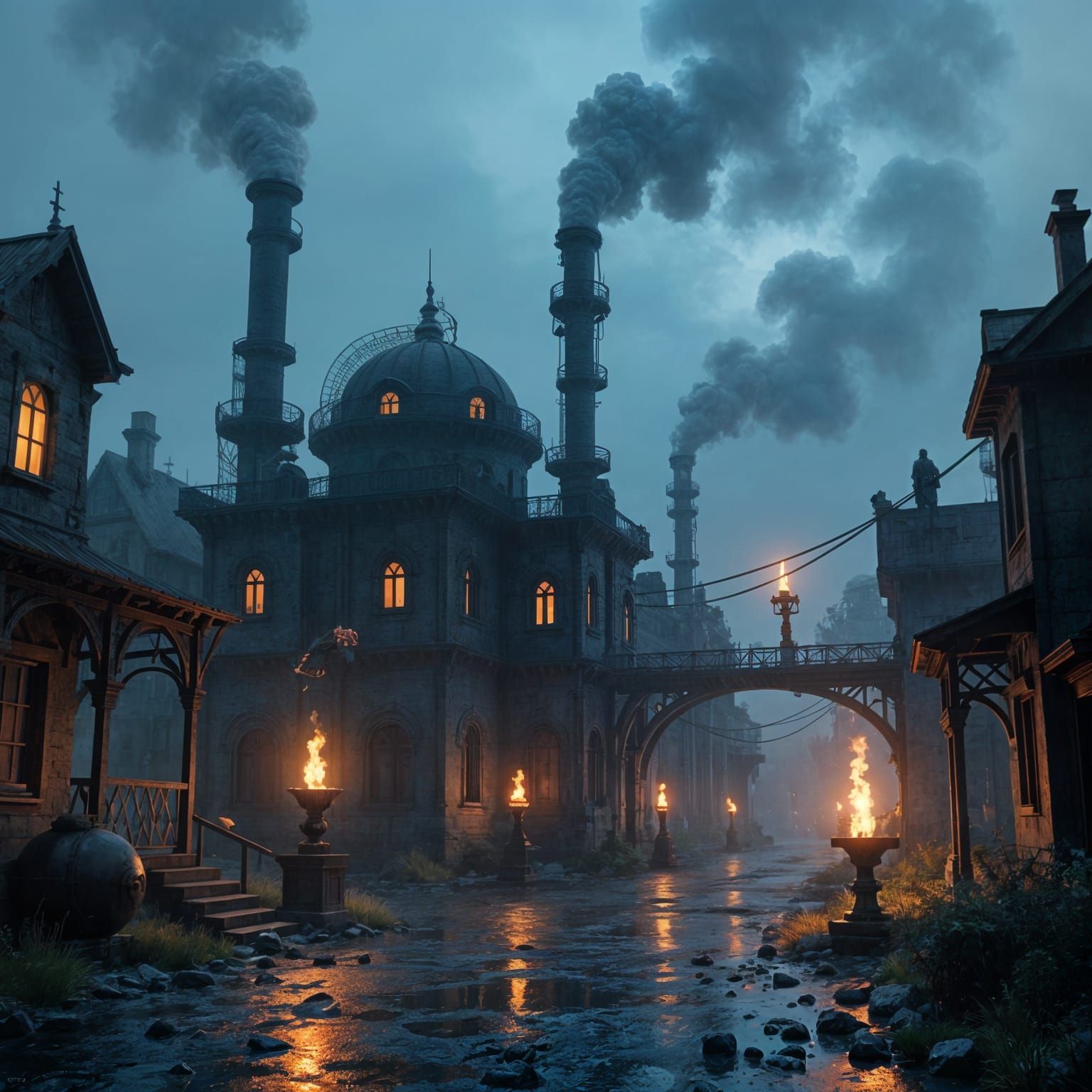 Art Deco Factory Ruins with Mysterious Shadows