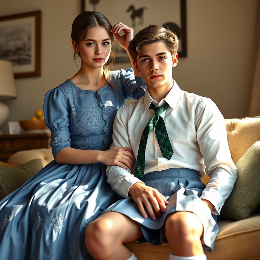 Elegant Blue Dress, Schoolgirl Uniform, Cozy Living Room, So...